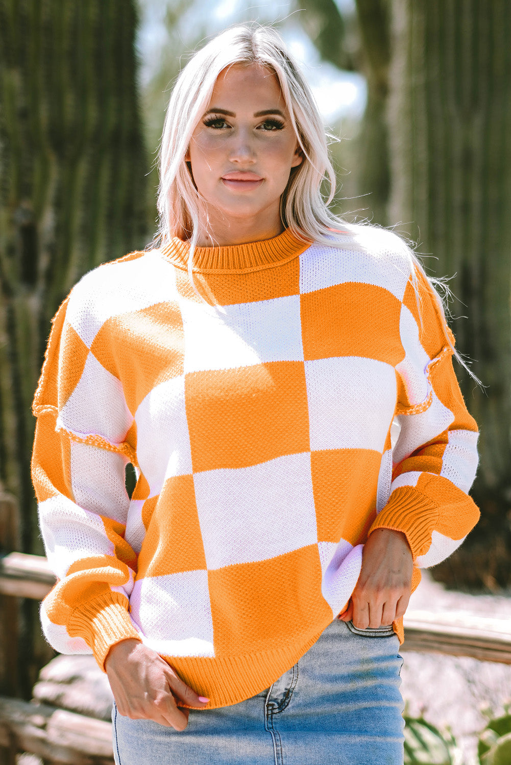 Orange Checkered Bishop Sleeve Sweater